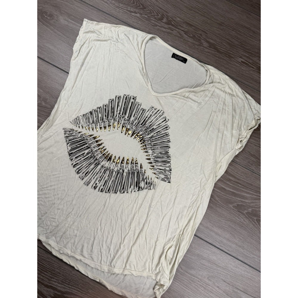 Lauren Moshi Women's Gun Shell Lips Pullover Lightweight Top Cream Medium Read